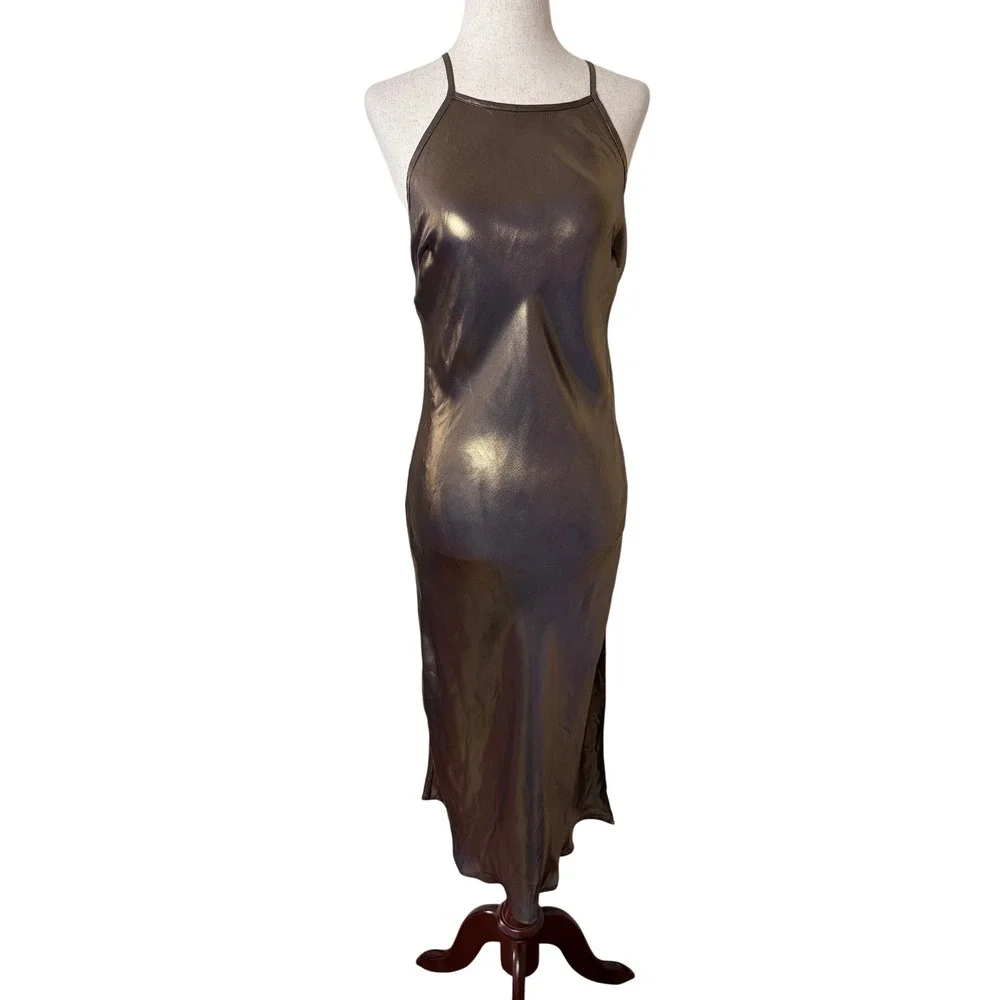 Free‎ People Gold Dust Midi Slip Dress Metallic Bronze Lace Back Halter XS NWT